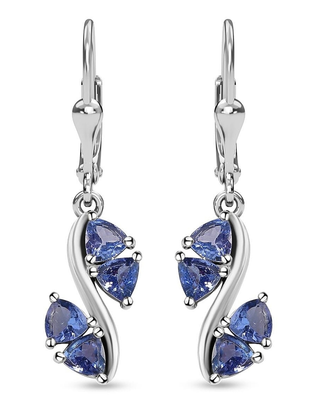 Genuine 1.85 Carat Tanzanite Earrings Sterling Silver Platinum Finish Leverback